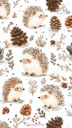 hedgehogs and pine cones on a white background with brown leaves, acorns and snowflakes