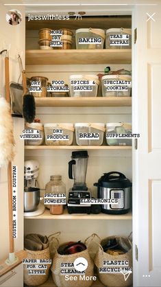 an organized pantry with lots of items labeled in white letters on the bottom shelf and below it