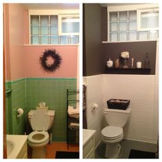 two pictures of a bathroom with green and pink walls