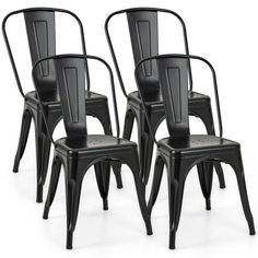 six black metal chairs sitting next to each other