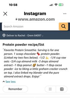 Protein Powder Recipes, Protein Smoothie, Food Lists, Protein Powder, Graham Crackers, Almond Milk, Cocoa Powder, Peanut Butter, Cocoa