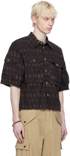 Garment-dyed cotton- and linen-blend canvas shirt. Graphic pattern printed throughout. · Spread collar · Button closure · Cargo pockets at chest · Raw edge at hem and cuffs · Cargo pocket at sleeves Supplier color: Purple Brown Cotton Shirt With Patch Pockets, Brown Cotton Top With Flap Pockets, Purple Collar, Shirt Cuff, Sheer Shirt, Cargo Pocket, Dye Shirt, Dries Van Noten, Graphic Patterns