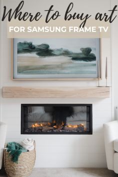 a living room with white furniture and a painting above the fire place that says, where to buy art for samsung frame tv