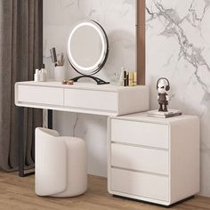 a white desk with a mirror and stools in front of it on a wooden floor