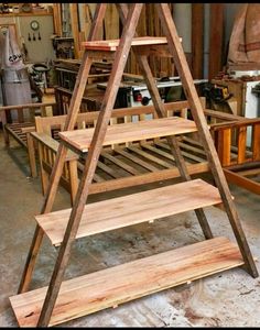 a wooden shelf sitting inside of a shop