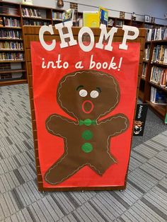 a sign that says chop into a book in front of a library filled with books