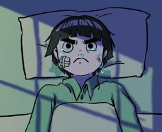 an animated image of a person laying in bed with tears on their eyes and nose