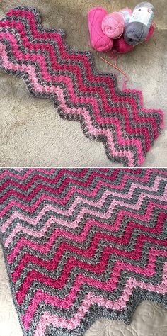 two crocheted afghans on the floor next to each other with balls of yarn