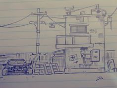 a drawing of a car parked in front of a house with power lines above it