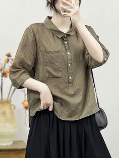 Details: Fabric: 100%Linen Size: One Size Size: Length: 60.00 cm/ 23.62 " Bust: 114.00 cm/ 44.88 " Shoulder: 41.00 cm/ 16.14 " Casual Collar Khaki Summer Tops, Casual Blouse With Pockets And 3/4 Sleeves, Relaxed Fit Blouse With Casual Collar For Work, Khaki Short Sleeve Blouse For Fall, Casual Blouse With Pockets And Casual Collar, Casual Half Sleeve Blouse For Fall, Casual Half Sleeve Fall Shirt, Casual Half Sleeve Shirt For Fall, Casual Half Sleeve Tops With Buttons