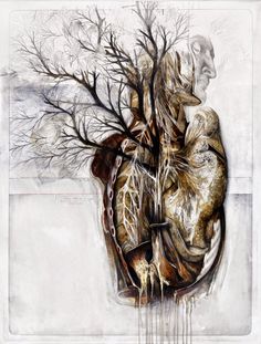 a painting of a human heart and tree branches