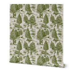 a green and white wallpaper with trees in the woods on it's side