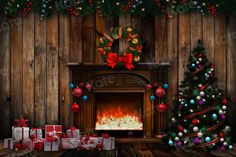 a christmas fireplace with presents around it and decorations on the mantle, in front of a wood paneled wall