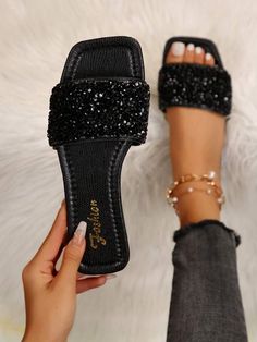 Free Returns ✓ Free Shipping✓. Women Rhinestone Decor Slide Sandals, Artificial Leather Glamorous Sandals- Women Flat Sandals at SHEIN. Rhinestone Slides, Sequin Flats, Women Flat Sandals, Slides For Women, Women Slides, Fashion Slippers, Beach Slippers, Slides Shoes, Womens Sandals Flat