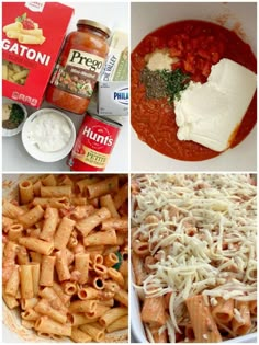 four pictures with different types of pasta and sauces in them, including tomato sauce