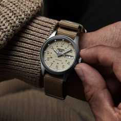 This collection has been created with a 36mm case; an ideal size for Field watch fans and traditional Seiko 5 enthusiasts. With the combination of Arabic numbers and different spot and baton markers, ‘Midfield’ expresses a sports aesthetic enhanced by its durable stainless-steel case and “Desert kit” beige coloured nylon bracelet.   The Seiko 5 Sports ‘Field’ collection was created with an ‘in the field’ military design - taking inspiration from a Seiko Field Watch, Seiko Aesthetic, Seiko 5 Sports Automatic, Seiko Sport, Nylon Bracelet, Arabic Numbers, Sports Field, Seiko 5 Sports, Seiko Presage