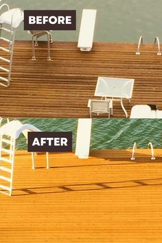 before and after shots of an outdoor swimming pool with chairs, umbrellas and ladders