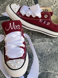 Embroidered Converse with Pearls on the toes and ribbon laces! I will use white ribbon laces unless you request a different color, Message me your requests as all colors are not always available (some other colors are available) Getting Married? What a great idea. This listing is for Mrs on the tongue and with date on the side ! I will use the font shown unless you message me with your requests! You choose your thread colors, I have hundreds of colors, just let me know Other options available in Low-top Lace Wedding Shoes For Bride, Customizable Lace-up Wedding Shoes For Bride, Lace-up Wedding Shoes With Laces For Bride, Lace-up Wedding Shoes For Bride, Low-top Wedding Shoes With White Laces For Bridal Shower, Converse With Pearls, Sneakers Wedding, Converse Wedding, Embroidered Sneakers