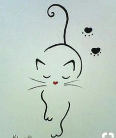 a drawing of a cat with hearts on it's tail and eyes drawn in black ink