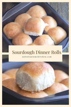 several different types of bread rolls in a pan with the words, sourdough dinner rolls