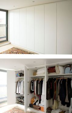 the closet is full of clothes and has sliding doors open to let in plenty of light