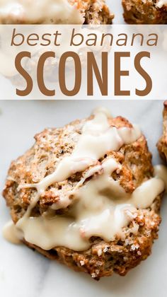 the best banana scones with white icing are on a marble counter top and in front of them