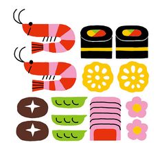 an illustration of sushi and other food items