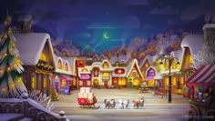 an animated christmas scene with santa's sleigh and reindeers