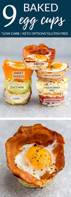 three different types of egg cups with the words, 9 baked egg cups low carb keto options - gluten free