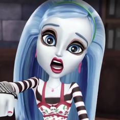 an animated doll with long blue hair and striped stockings, holding her hand out to the side