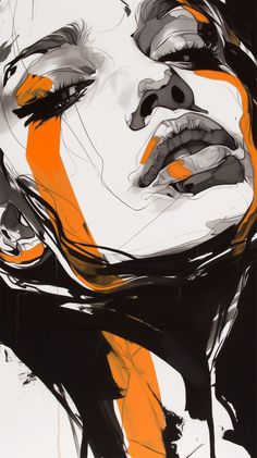 an abstract painting of a woman's face with orange and black lines on it