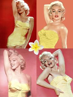 four photos of marilyn monroe in yellow dresses and one with a flower on her head