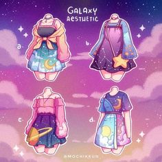 three cartoon dresses with stars and moon on them, one in the background is purple