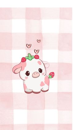 a pink and white checkered background with a cow