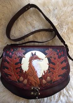 Fox Purse, Hand Stitching Techniques, Celtic Myth, Stag Design, Fox Bag, Costume Bags, Fairy Outfit, Leather Crafting, Barn Design