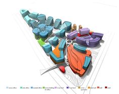 an aerial view of the seating arrangement for this outdoor space is shown in blue, orange, and purple