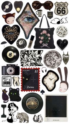 a collage of various items that include hats, sunglasses and other things in black and white