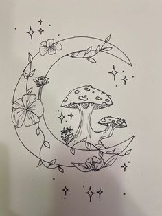 a drawing of a mushroom sitting on top of a crescent with stars and flowers around it