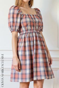 Olivia Mark - Retro Charm Plaid Midi Dress with Puffed Sleeves and Elastic Waist Dress With Puffed Sleeves, Outfits 2023, Puffed Sleeves, Olivia Mark, Puff Sleeve, Elastic Waist, Midi Dress, Plaid, Elastic