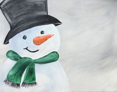 a drawing of a snowman wearing a black hat and green scarf with an orange nose