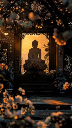 a buddha statue sitting in the middle of a garden