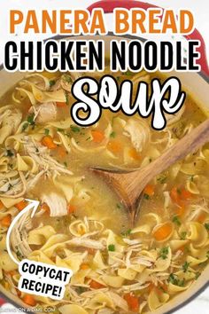 chicken noodle soup in a red pot with a wooden spoon and title overlay reads panera bread chicken noodle soup copy copy