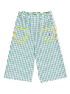 aqua blue/white cotton-linen blend seersucker texture wide leg gingham check pattern embroidered logo to the front elasticated waistband two front patch pockets straight hem We've partnered with Good On You — an independent agency that rates how brands perform in relation to their impact on the planet, people and animals, with a multi-criteria rating simplified to a five points scale. In order to be awarded our conscious label, larger brands need to score a minimum of four out of five ('Good'), Azul Aqua, Planet People, Gingham Check, Casual Trousers, Casual Girl, Check Pattern, Wide Leg Trousers, Aqua Blue, Cotton Linen