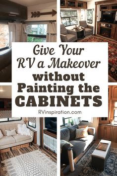 rv makeover with painting the cabinets and living room in it, including couches