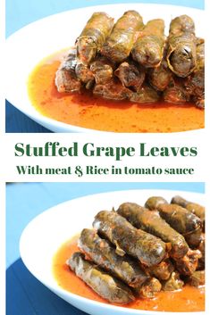 stuffed grape leaves with meat and rice in tomato sauce on a white plate over blue background