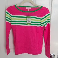 Nwt Lilly Pultizer Mini Maria Pullover Sweater Capri Pink Size Girls Xl Long Sleeve White, Lime And Kelly Green Stripes Style # 90599 Check Out My Listing For The Matching Pants! Preppy Fitted Pink Top, Preppy Crew Neck Sweater For Spring, Preppy Pink Tops For Fall, Fitted Pink Cute Sweater, Cute Fitted Pink Sweater, Silver Cardigan, Kids Cardigans, Girls Cardigan, Open Cardigan Sweater