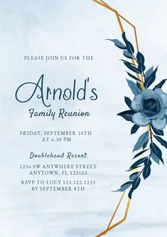 an elegant blue floral frame is featured in this family reunion party card design with watercolor flowers and leaves