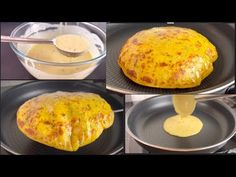 the process of making an omelet is shown in four different stages, including being melted