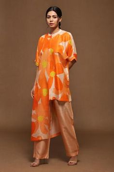 Shop for Clos Orange Dupion Silk Printed Asymmetric Kurta And Pant Set for Women Online at Aza Fashions Parallel Pants, Asymmetric Kurta, Chikankari Lehenga, Organza Lehenga, Designer Kurta, A Line Kurta, Dupion Silk, Pants Fit, Sharara Set