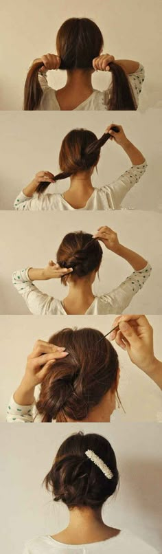 A 20-second updo — split, knot, twist, and pin. Hair Updo, Trendy Hairstyles, Nails Makeup